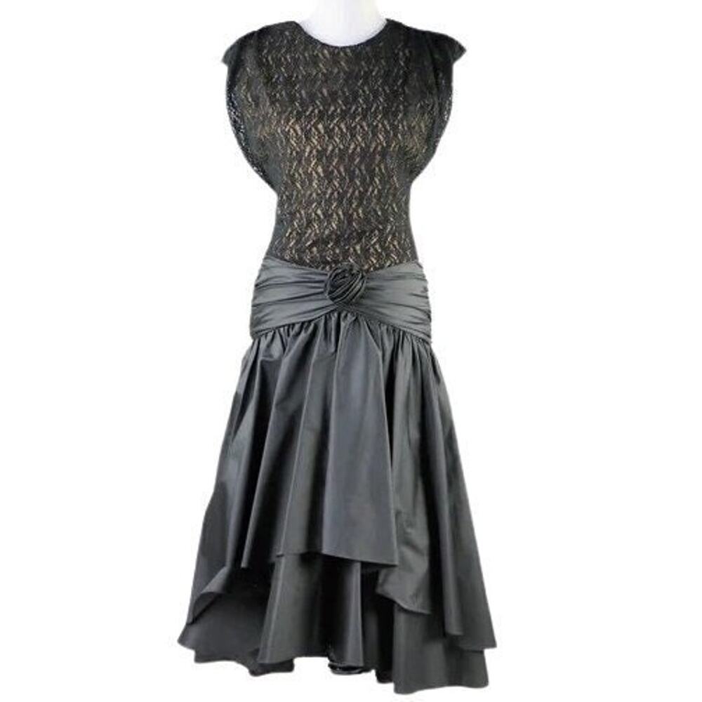 Vintage 1980s Nude Illusion Lace Dress with Drop Waist, Ruffle Bottom Large